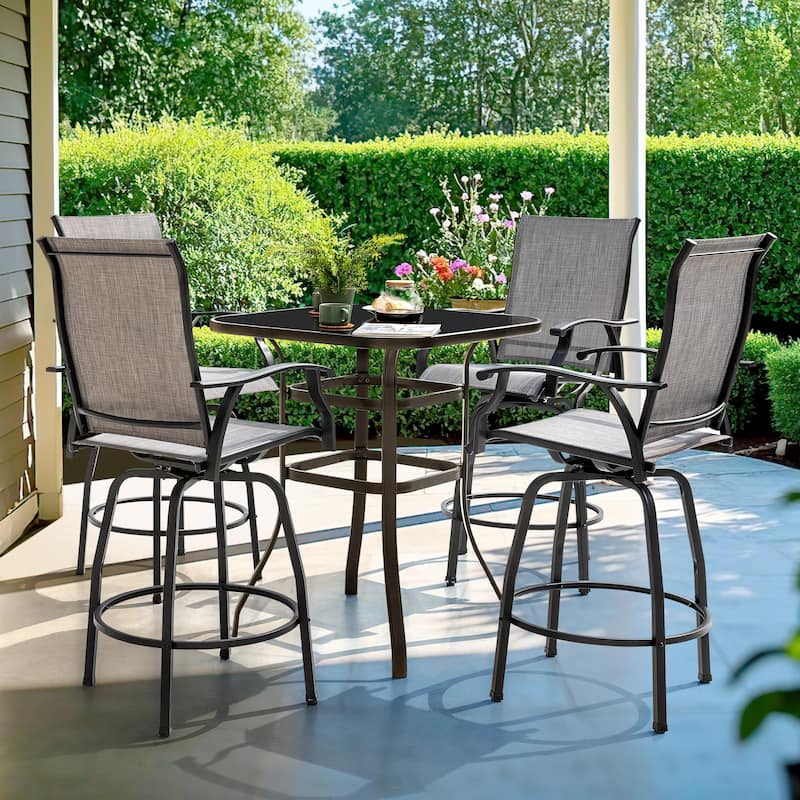Patio 5-Piece Bar Set with Umbrella Hole, Swivel Textilene Bar Stools
