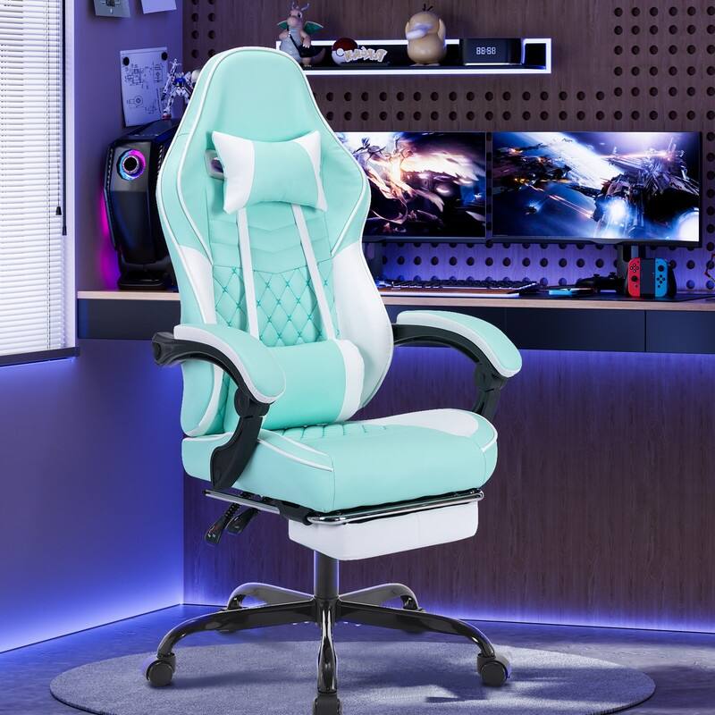 Adults with Footrest Swivel Video Game Chair - Green