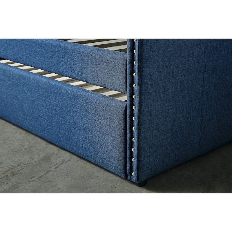 Fabric Upholstered Day Bed with Pull-out Trundle Nailhead Trim Wood