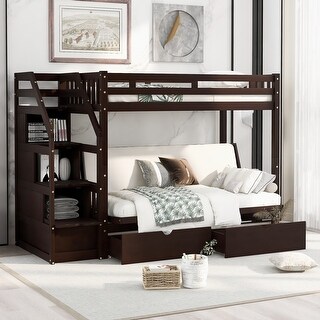 Twin over Full Bunk Bed with Staircase Drawers, Guardrails, and Solid Wood Support