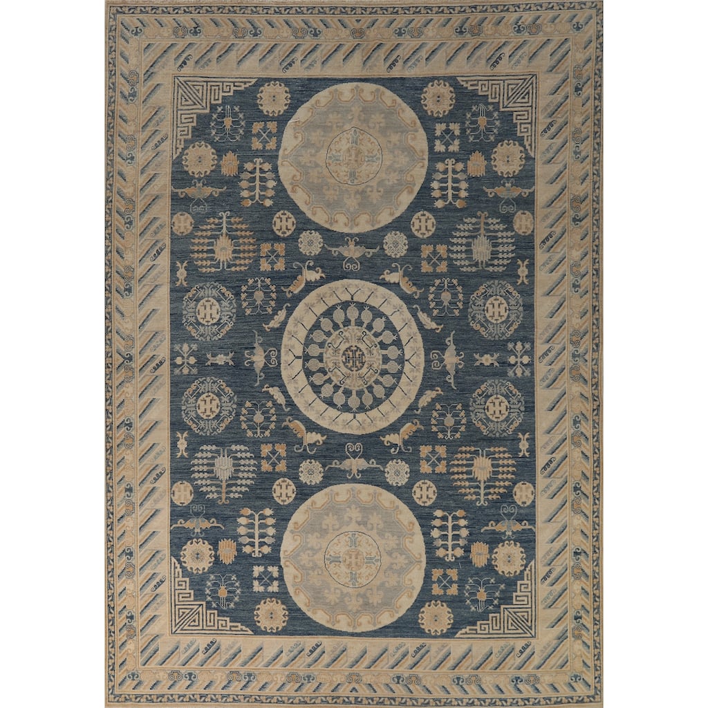 Hand Knotted Oriental 100% Wool Carpet Transitional Geometric Navy Blue & Blues Oushak Area Rug - 12' 0'' X 9' 2''