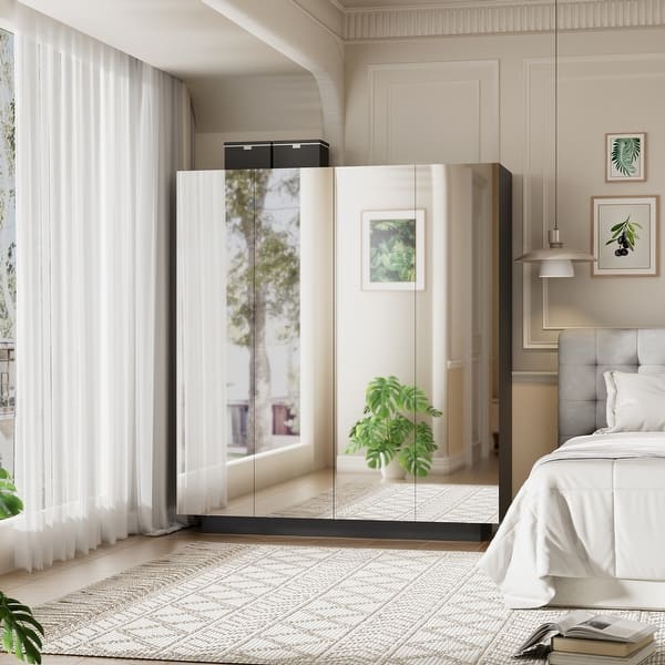 slide 2 of 9, 63"W 4-Door Mirror Wardrobe with LED Lighting Modern Stylish Armoires Black