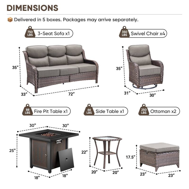 Pocassy 8/9PCS Patio Sofa Swivel Chair with 30" Fire Pit Tab;e