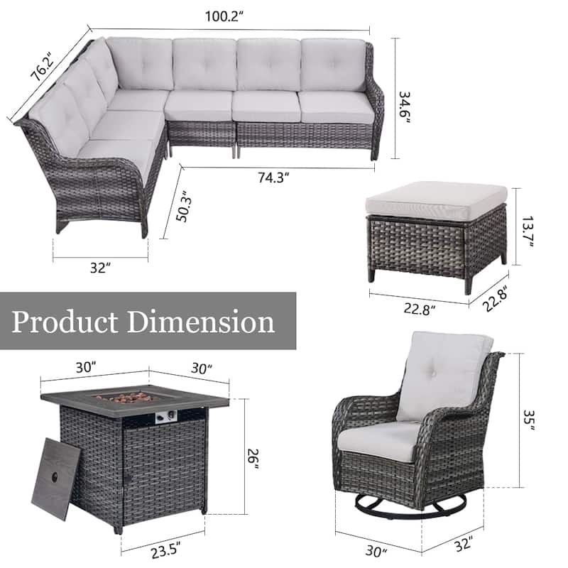 Gymojoy 6-Piece Outdoor Wicker Patio Furniture with Fire Pit and L-shaped Sectional Sofa, Coversation Set with Thick Cushions