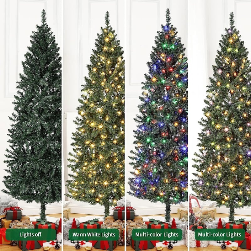 6ft Hinged Slim Artificial Pre-Lit Pencil Christmas Tree with Changing LED Lights