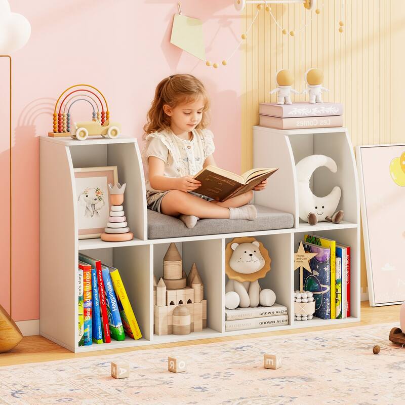 Gymax 40''Kids Bookshelf w/Reading Nook 6 Storage Cubbies & Seat