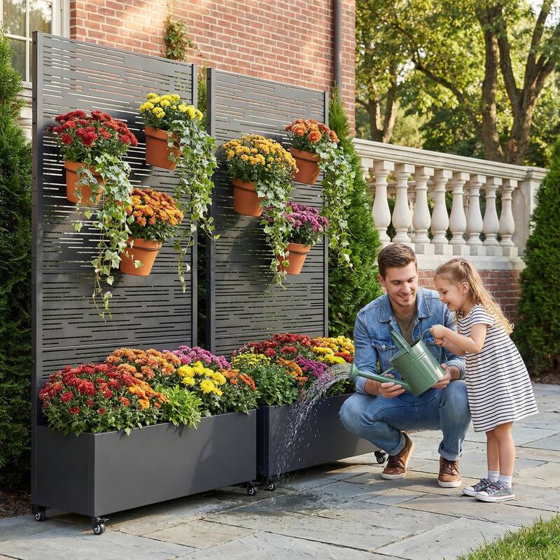 Metal Galvanized Planter Box with Trellis Privacy Screen Lockable Wheels Set of 2