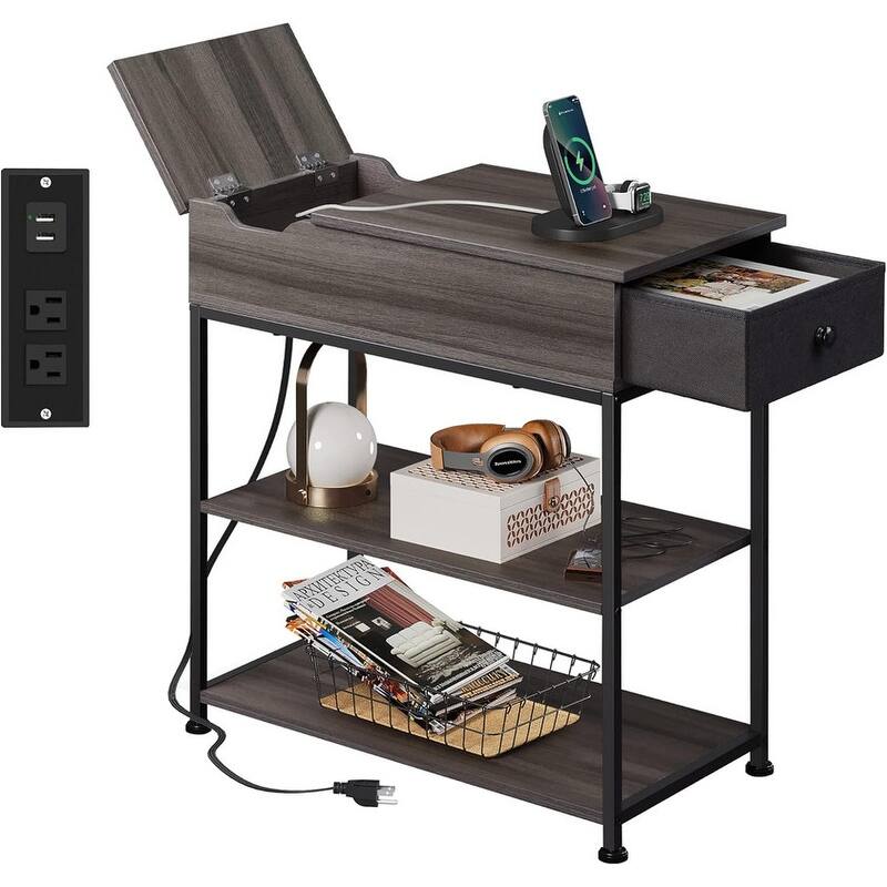 Side Table with Charging Station, End Table for Living Room - Grey