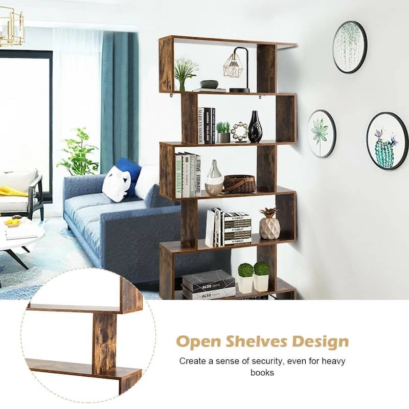 6-Tier S-Shaped Bookcase Z-Shelf Style Storage Bookshelf-Coffee - 31.5" x 9.5" x 76" (L x W x H)