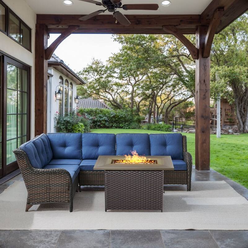 Gymojoy 2-Piece Outdoor Wicker Patio Furniture with Fire Pit and L-shaped Sectional Sofa, Coversation Set with Thick Cushions - Brown Wicker / Blue Cusion - 2-Piece