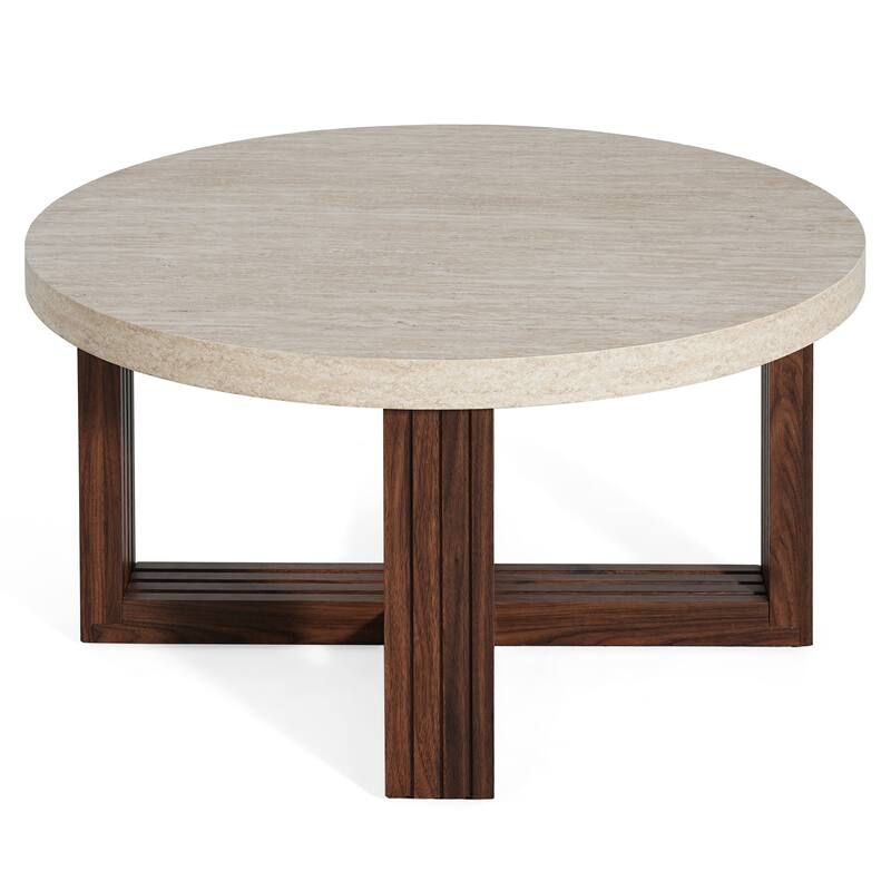 Round Coffee Table 31.5 Inch Marble Pattern Top & Cross Brown Base, Modern Center Table for Living Room