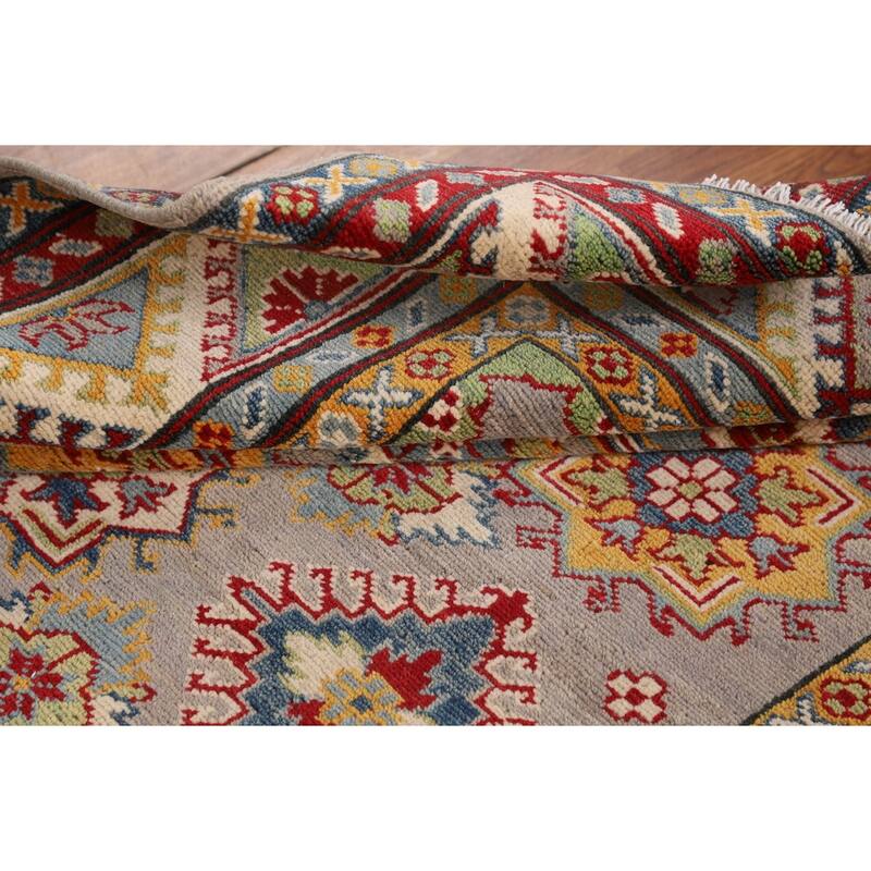 Grey Geometric Kazak Oriental Area Rug Hand-Knotted Wool Carpet - 5'1" x 6'7"