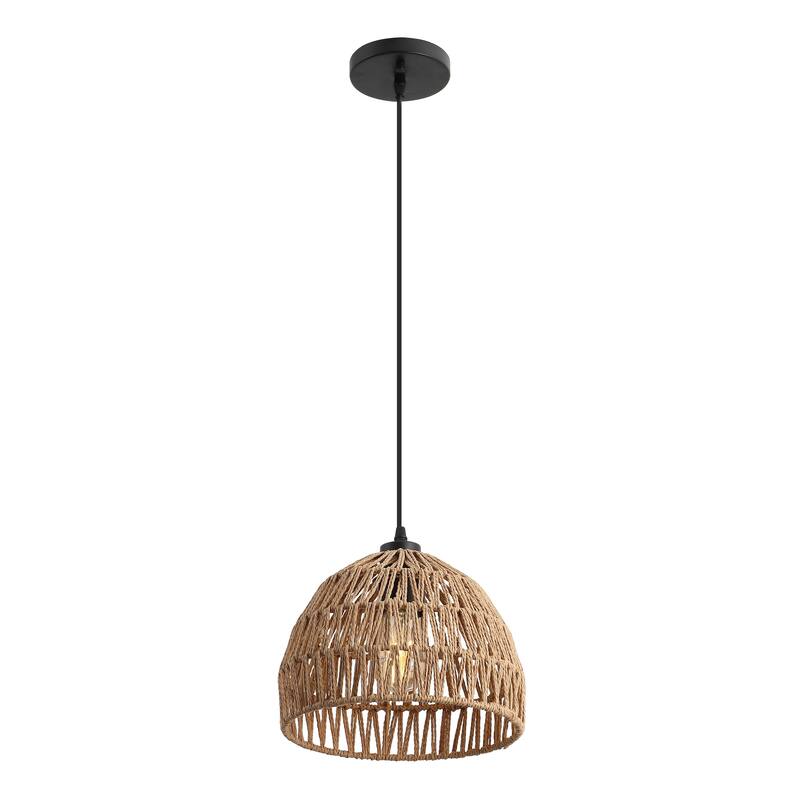 Jigu 1-Light Woven Rattan/Iron LED Pendant, by JONATHAN Y - 10.25" - Brown/Black