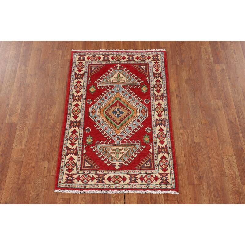 Geometric Red Kazak Oriental Accent Rug Handmade Foyer Wool Carpet - 2'7" x 3'10"