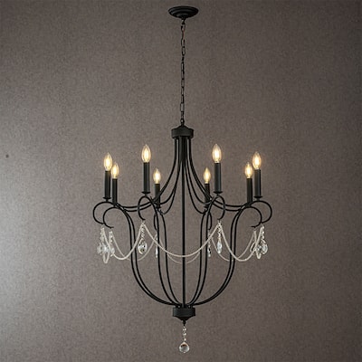 CraftHome 8-Light Modern Black Mid-Century Modern Candle Crystal Chandelier Vintage For Living Room Dining Room - W32''