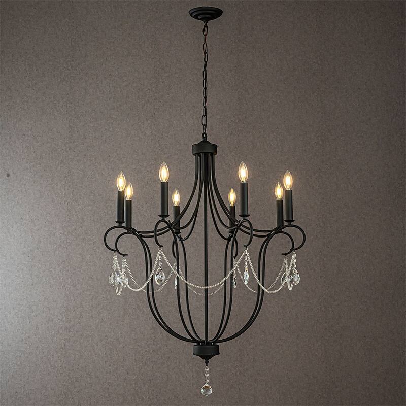 CraftHome 8-Light Modern Black Mid-Century Modern Candle Crystal Chandelier Vintage For Living Room Dining Room - W32'' - W32'' - Matte Black