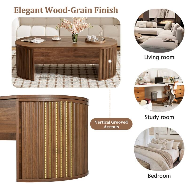 Wood Lift Top Coffee Table with Hidden Storage, 47" Oval Lift Table Top wavy grooves Design Conversation Table