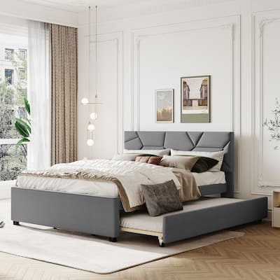 Queen Size Upholstered Platform Bed with Twin XL Size Trundle
