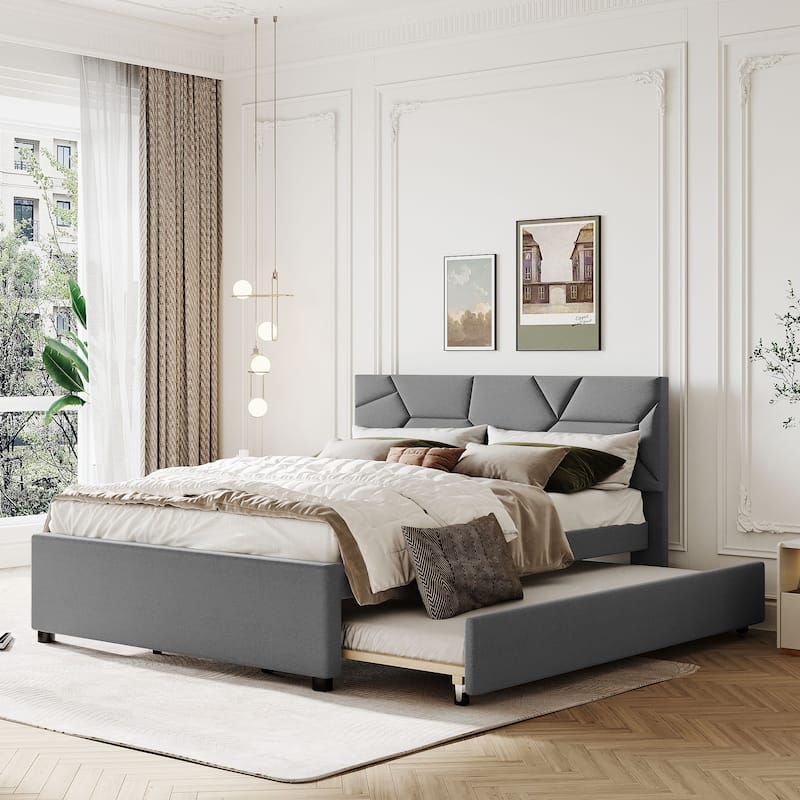 Upholstered Platform Bed with Brick Pattern Headboard and Trundle, Linen Fabric
