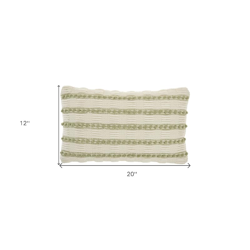 12" X 20" Sage and Ivory Striped Cotton Blend Throw Pillow With Texture