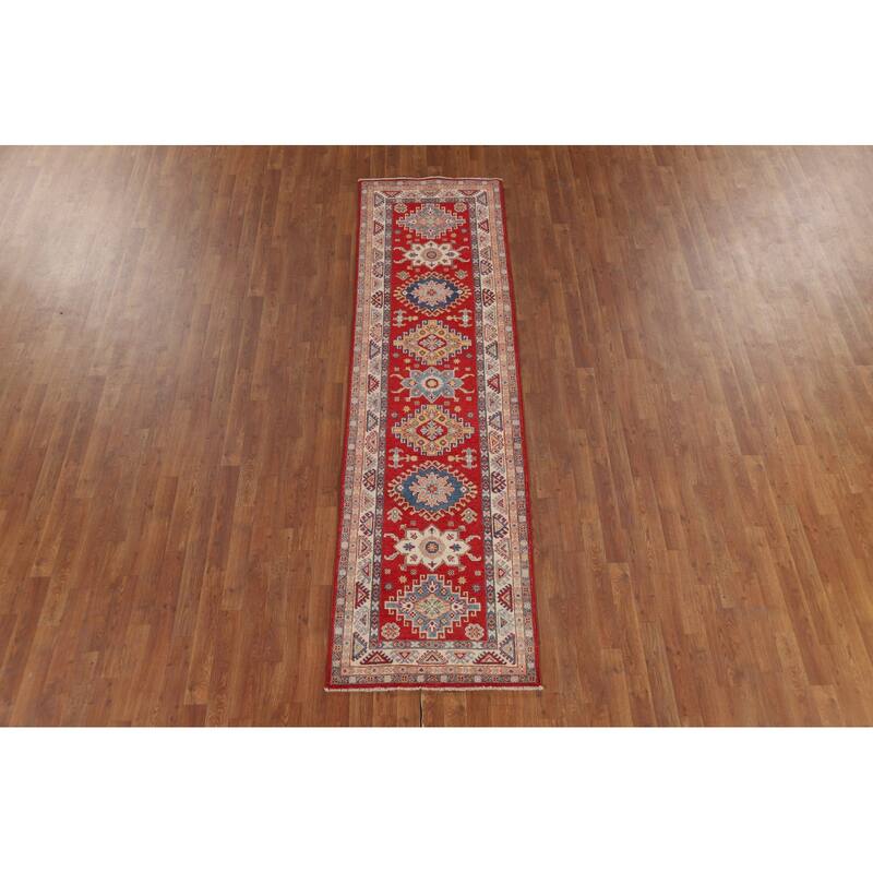 Geometric Red Kazak Oriental Runner Rug Hand-Knotted Wool Carpet - 2'7" x 9'4"