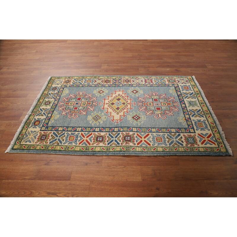 Blue Geometric Kazak Foyer Rug Oriental Handmade Wool Carpet - 2'8"x 4'1"
