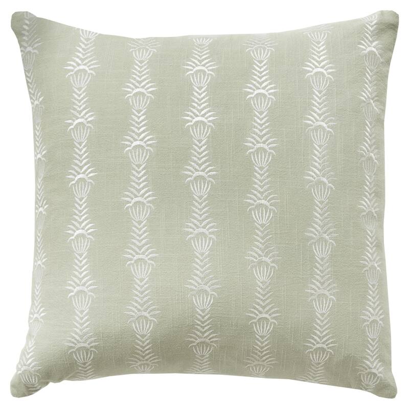 HomeRoots 20" Green and White Botanical Stripe Cotton Throw Pillow With Embroidery - Accent - Polyester