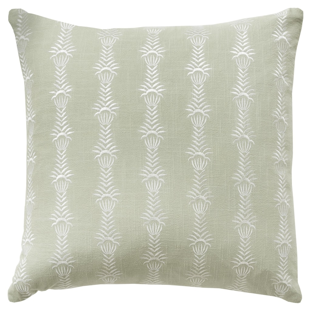 HomeRoots 20" Green and White Botanical Stripe Cotton Throw Pillow With Embroidery