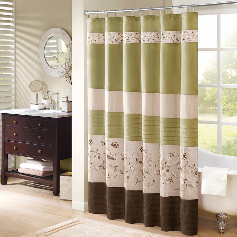 Red Faux Silk Embroidered Floral Shower Curtain - 72x72" - Green