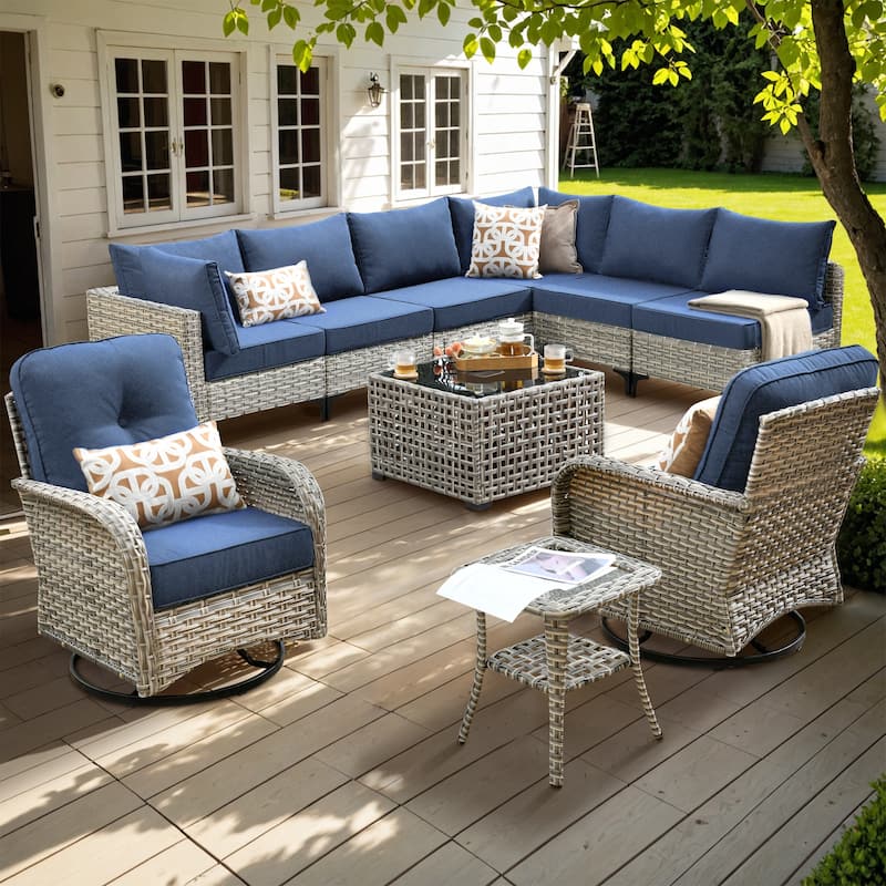 XIZZI 10-piece Patio Furniture Wicker Sectional Set with Swivel Chair - Denim Blue