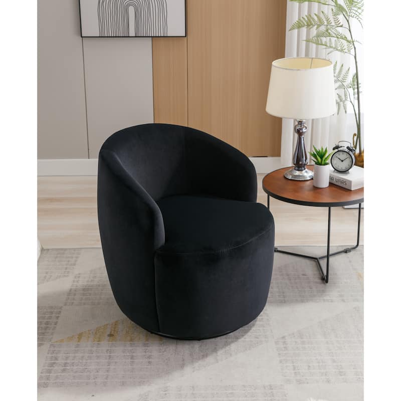 Black Velvet Modern 25.6" Upholstered Swivel Barrel Chair with Black Powder Coating and Metal Ring