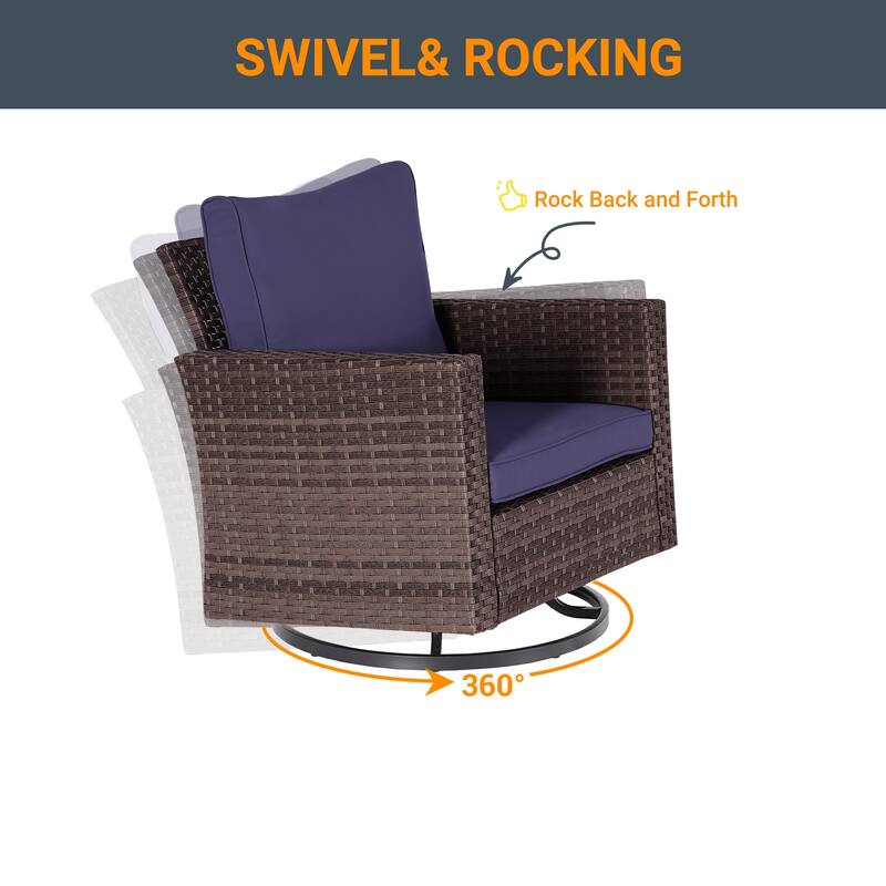 LIVOOSUN 3-Piece Patio Sofa Set Brown Rattan Swivel Rocking Chair Glass Table