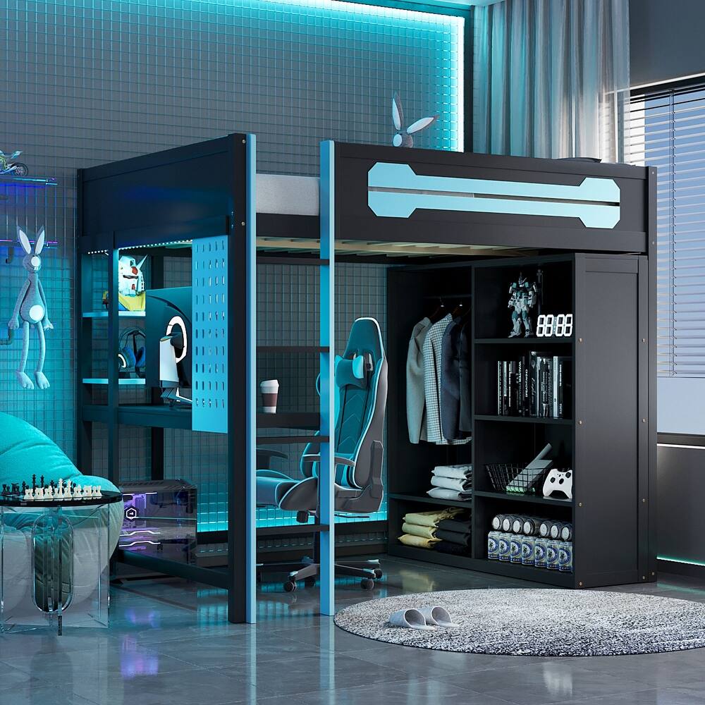 Full Wood Loft Bed with Desk, Open Wardrobe & RGB Lighting