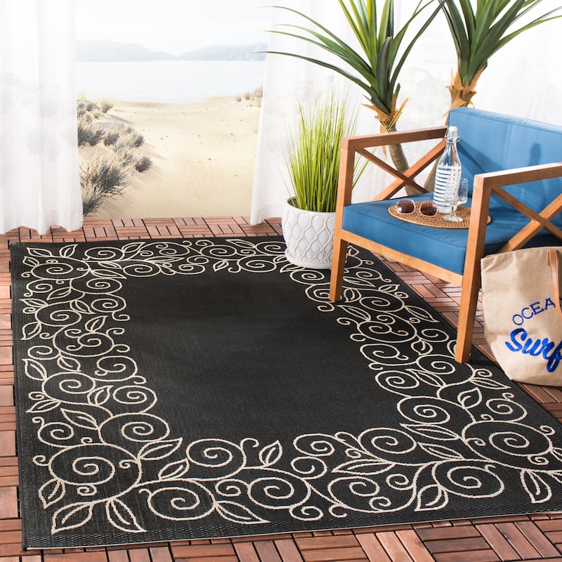 SAFAVIEH Courtyard Bobbye Scroll Indoor/ Outdoor Waterproof Patio Backyard Rug - 5'3" x 7'7" - Black/Beige