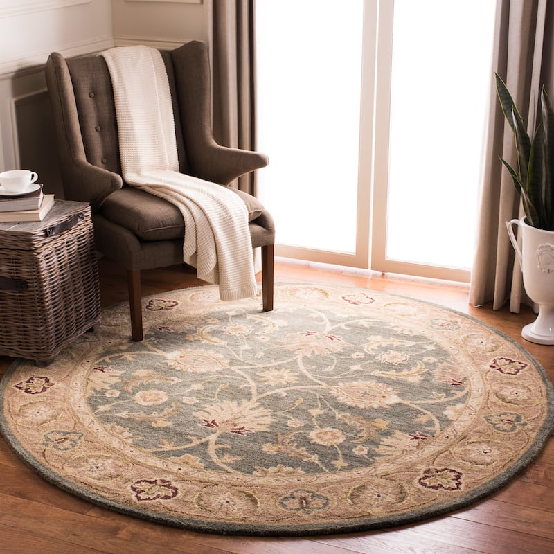 SAFAVIEH Handmade Anatolia Meenje Traditional Oriental Hand-spun Wool Rug - 4' Round - Teal Blue/Taupe