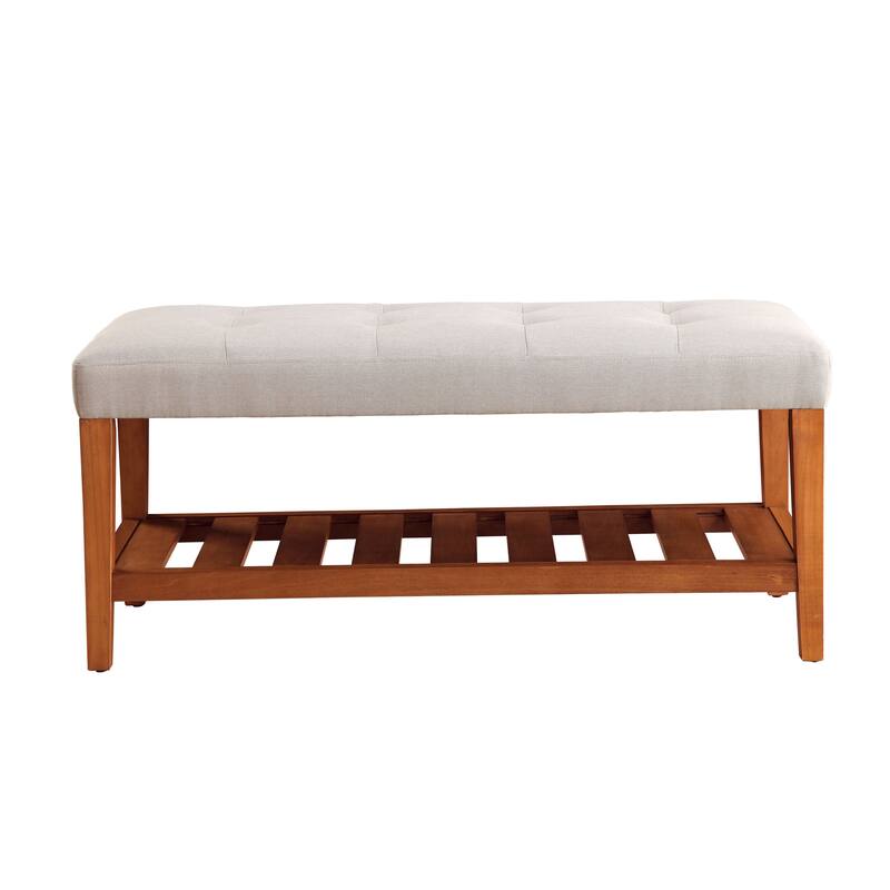 Fabric Upholstered Storage Bench with Slatted Shelf and Tapered Legs