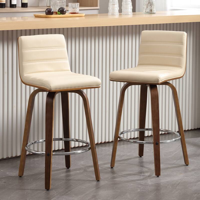 Faux Leather & Wood Swivel Bar Stools/ Counter Stool Set of 2 - Cream - Counter Height