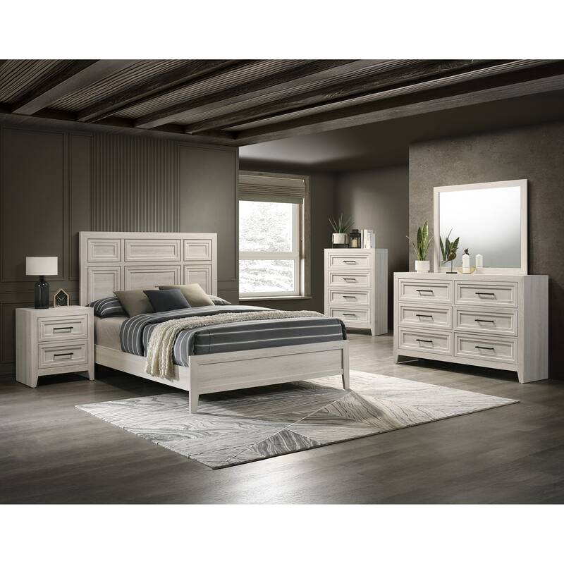 Antique White Queen Size Panel Bed with Recessed Design, Wooden Bedroom Furniture