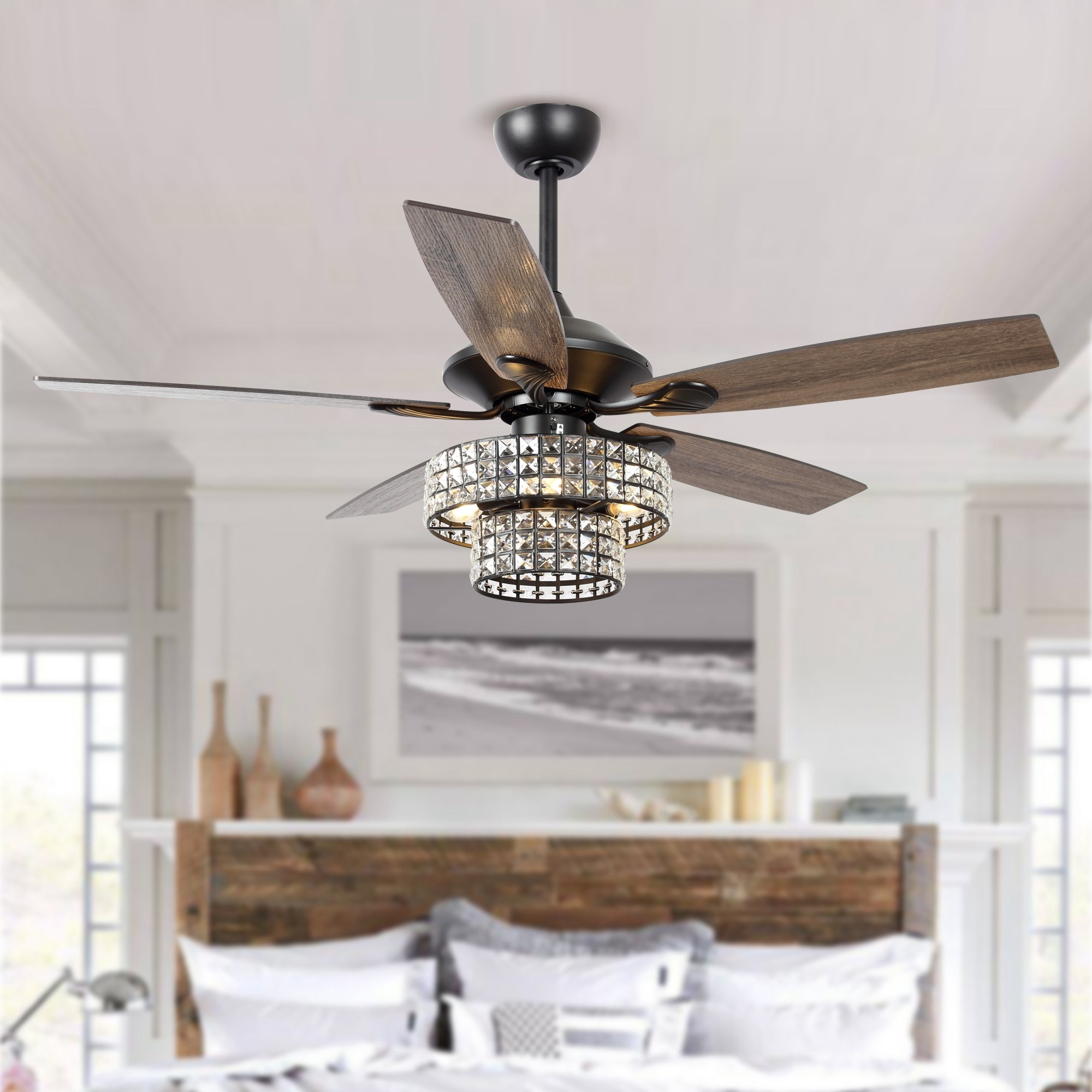 52-inch Chrome Wooden 5-blade Modern Crystal Ceiling Fan with