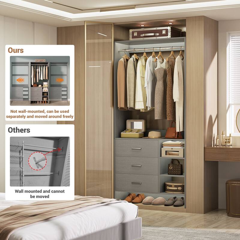 Cimly 30'' W Freestanding Closet Sytem with Hanging Rod, Closet Organizer with Drawers and Shelves