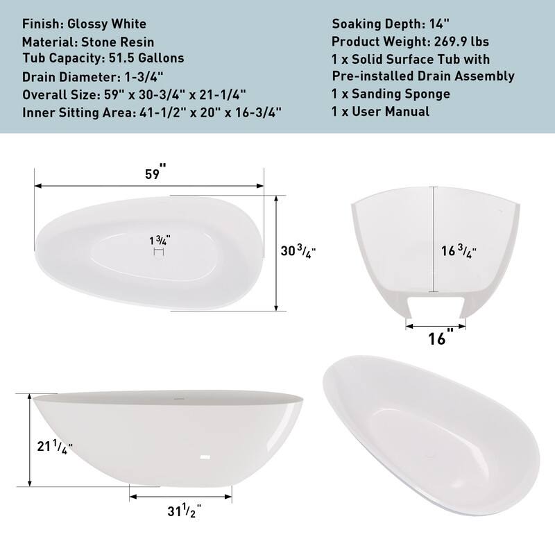 ABRUZZO 59" x 31" Freestanding Solid Surface Soaking Bathtub with Overflow and Drain in Glossy White