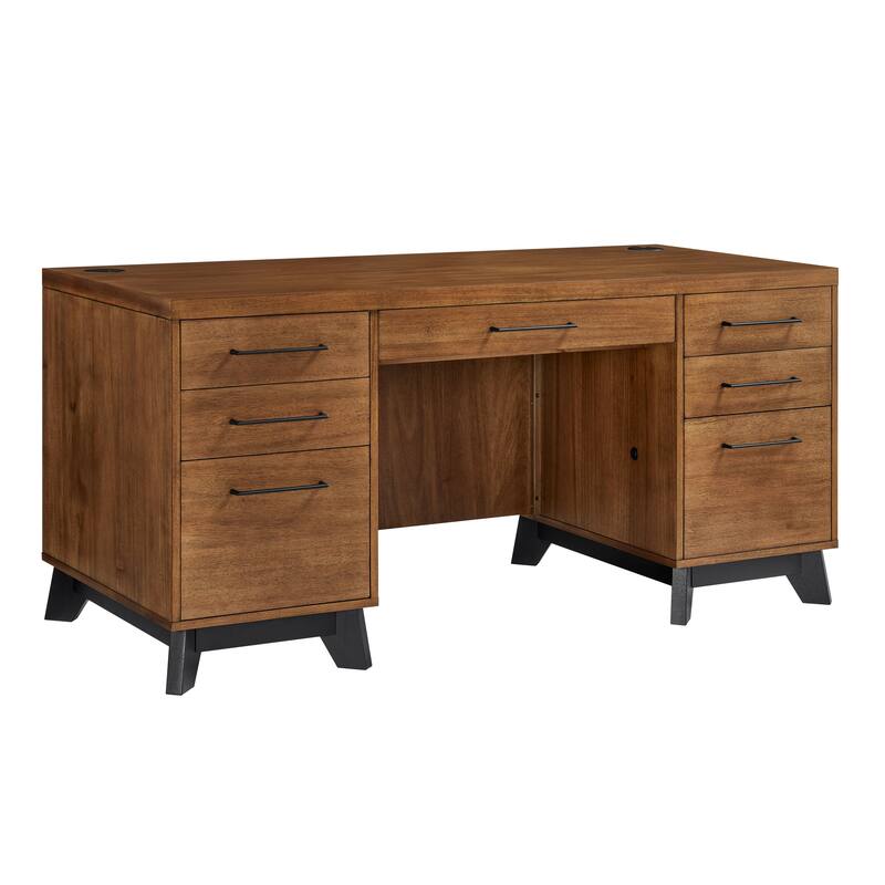Modern Wood Double Pedestal Executive Desk, Writing Table, Office Desk, Fully Assembled, Rich Medium Brown