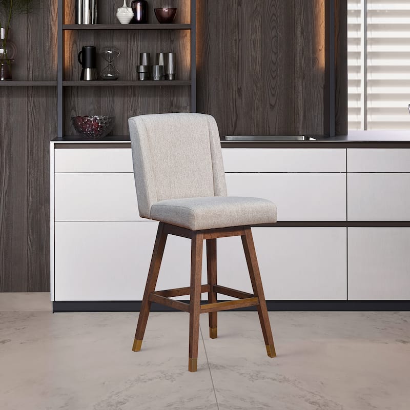 Stancoste Wingback Swivel Bar or Counter Stool with Wood Legs - Brown & Taupe Fabric - Counter Height