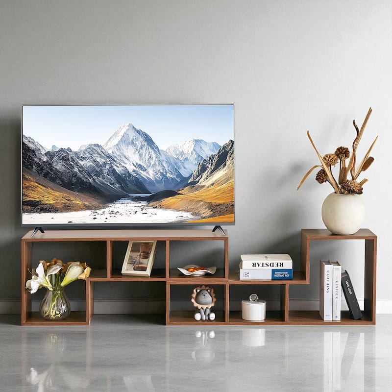 2-Piece Cube TV Stand, Free-Combination L-Shaped Media Console with 6 Open Shelves, Adjustable 55"-80", MDF - Acacia Wood