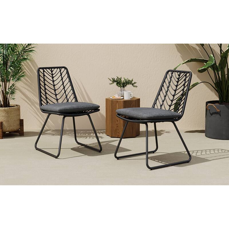 Roomfitters Deja Set of 2 Outdoor Wicker Dining Chairs with Water-Resistant Cushions, Transitional Rattan and Iron Frame, Gray