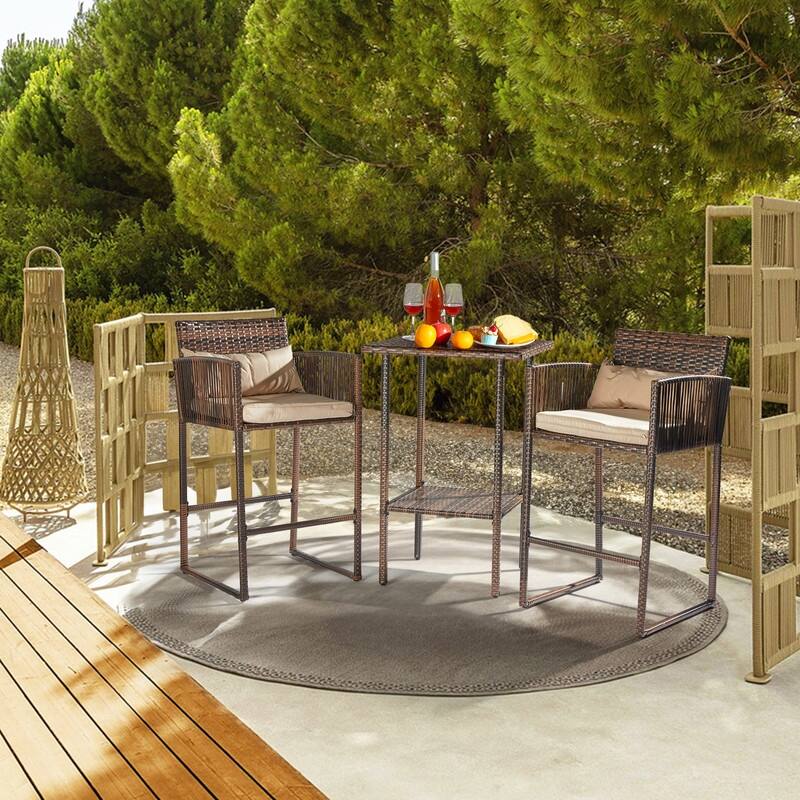 Patio 3-Piece PE Wicker Bar Set with Cushions
