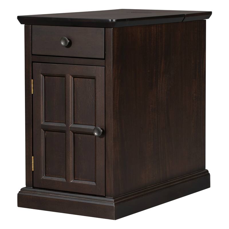 14" Vintage Rectangular Solid Wood End Table with USB Ports and One Multifunctional Drawer