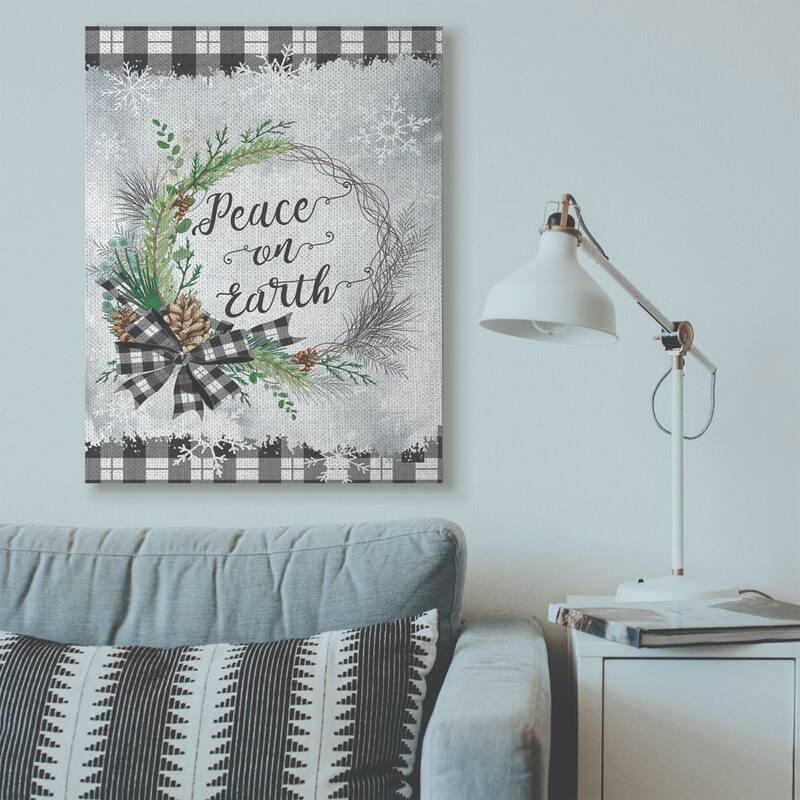 Stupell Peace On Earth Wreath Plaid Holiday Christmas Word Design Canvas Wall Art, Proudly Made in USA