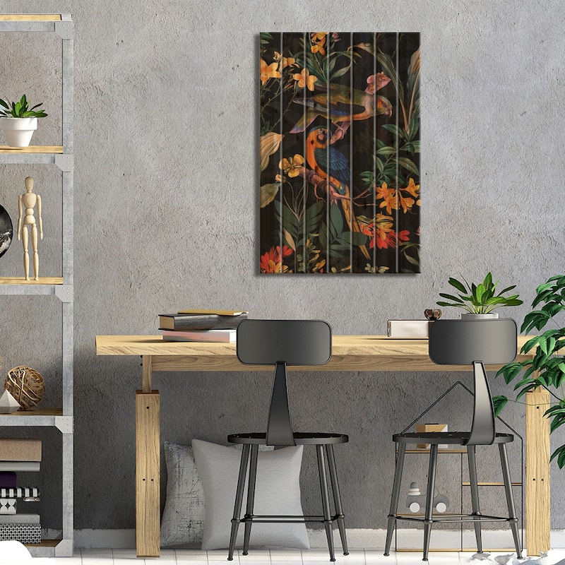 Exotic Parrot Birds And Tropical Flowers Midnight Garden Print On Wood by UtArt - Multi-Color