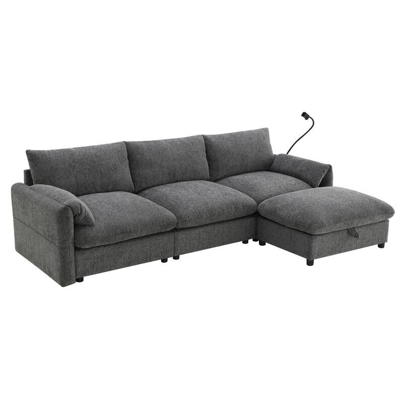 L Shaped Chenille Sectional Sofa with Storage Ottoman, Pockets, USB